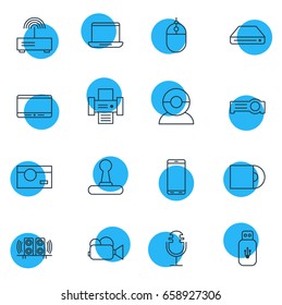 Vector Illustration Of 16 Technology Icons. Editable Pack Of Cursor Controller, Game Controller, Photography And Other Elements.