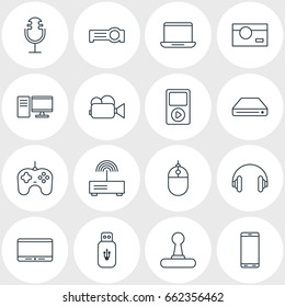 Vector Illustration Of 16 Technology Icons. Editable Pack Of Media Controller, Floodlight, Camcorder And Other Elements.
