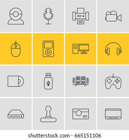 Vector Illustration Of 16 Technology Icons. Editable Pack Of Media Controller, Cursor Controller, Joypad And Other Elements.