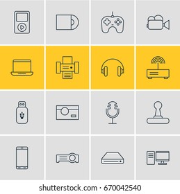 Vector Illustration Of 16 Technology Icons. Editable Pack Of Game Controller, Camcorder, Computer And Other Elements.
