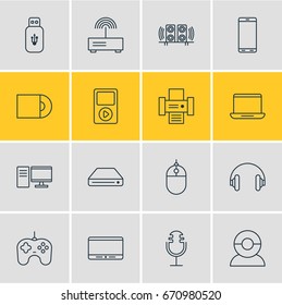 Vector Illustration Of 16 Technology Icons. Editable Pack Of Usb Card, Media Controller, Cursor Controller And Other Elements.