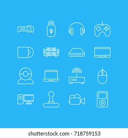 Vector Illustration Of 16 Technology Icons. Editable Pack Of Monitor, PC, Cursor Controller And Other Elements.