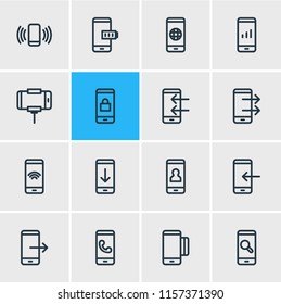 Vector illustration of 16 telephone icons line style. Editable set of globe, credit card, arrow down and other icon elements.