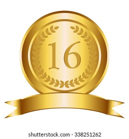 Vector illustration of  16 th anniversary. Gold award. Gold ribbon and laurel wreath on a white background