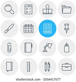 Vector illustration of 16 tools icons line style. Editable set of clip, table lamp, magnifier and other icon elements.