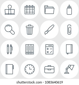 Vector illustration of 16 tools icons line style. Editable set of trash bin, table lamp, folder and other icon elements.
