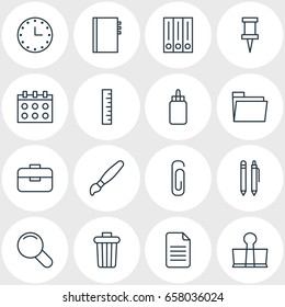 Vector Illustration Of 16 Tools Icons. Editable Pack Of Binder Clip, Textbook, Paperclip And Other Elements.