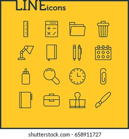 Vector Illustration Of 16 Tools Icons. Editable Pack Of Copybook, Garbage Container, Paperclip And Other Elements.