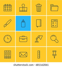 Vector Illustration Of 16 Tools Icons. Editable Pack Of Illuminator, Portfolio, Copybook And Other Elements.