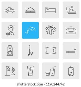 Vector illustration of 16 tourism icons line style. Editable set of spa, bed, drink and other icon elements.