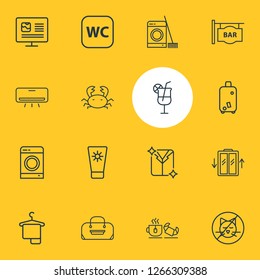 Vector illustration of 16 tourism icons line style. Editable set of no animals, cocktail, tea with croissant and other icon elements.