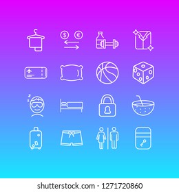 Vector illustration of 16 tourism icons line style. Editable set of bathroom, flight ticket, fitness room and other icon elements.