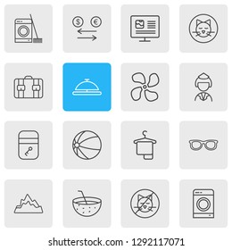 Vector illustration of 16 tourism icons line style. Editable set of coconut drink, fan, mountains and other icon elements.