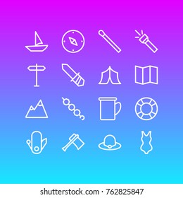 Vector Illustration Of 16 Tourism Outline Icons. Editable Set Of Stick, Cup, Knife And Other Elements.