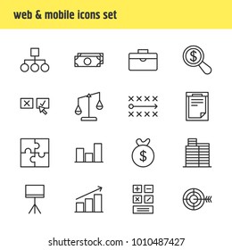 Vector illustration of 16 trade icons line style. Editable set of money, chart, scales and other icon elements.