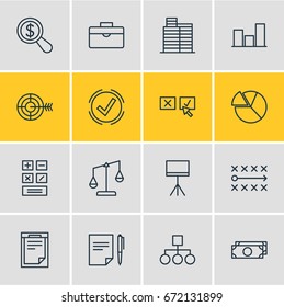 Vector Illustration Of 16 Trade Icons. Editable Pack Of Cash , Board Stand, House Elements.