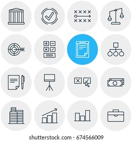 Vector Illustration Of 16 Trade Icons. Editable Pack Of Calculate, Scheme, Columns And Other Elements.