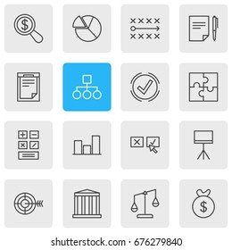 Vector Illustration Of 16 Trade Icons. Editable Pack Of Goal, Building, Graph And Other Elements.