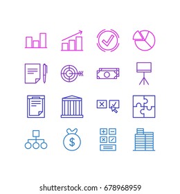Ilustración Vectorial De 16 Iconos Comerciales. Paquete Editable De Gráfico, Recisión, Bolsa Y Otros Elementos.