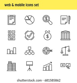 Vector Illustration Of 16 Trade Icons. Editable Pack Of Scheme, Columns, Recision And Other Elements.