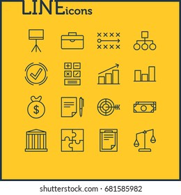 Vector Illustration Of 16 Trade Icons. Editable Pack Of Agreement , Board Stand, Riddle Elements.