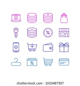 Vector illustration of 16 trading icons line style. Editable set of wallet, add, profit and other icon elements.