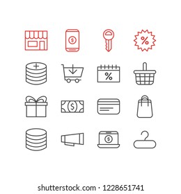 Vector illustration of 16 trading icons line style. Editable set of bag, basket, hanger and other icon elements.