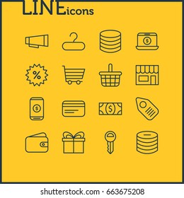 Vector Illustration Of 16 Trading Icons. Editable Pack Of Pocketbook, Rack, Mobile And Other Elements.