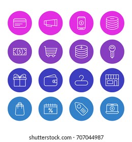 Vector Illustration Of 16 Trading Icons. Editable Pack Of Market, Present, Rack And Other Elements.