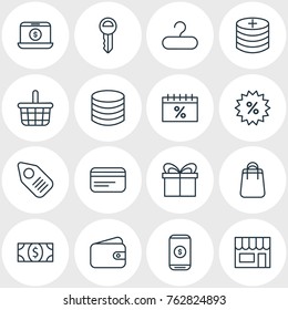 Vector Illustration Of 16 Trading Outline Icons. Editable Set Of Money, Pocketbook, Coins And Other Elements.