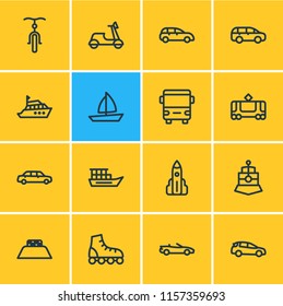 Vector illustration of 16 transit icons line style. Editable set of mpv, bicycle, shuttle and other icon elements.