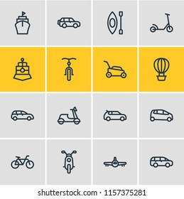 Vector illustration of 16 transit icons line style. Editable set of kick scooter, mpv, air balloon and other icon elements.