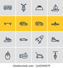 Vector illustration of 16 transit icons line style. Editable set of lawn mower, luxury car, aircraft and other icon elements.