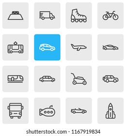 Vector illustration of 16 transit icons line style. Editable set of bus, large car, shuttle and other icon elements.