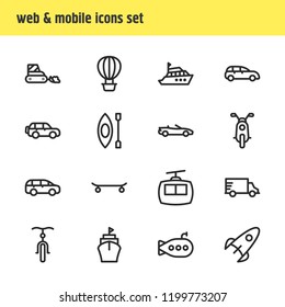 Vector illustration of 16 transit icons line style. Editable set of cabin, truck, bicycle and other icon elements.