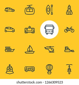 Vector illustration of 16 transit icons line style. Editable set of tram, shuttle, autobus and other icon elements.