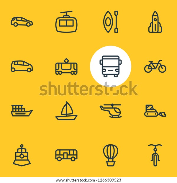 Vector\
illustration of 16 transit icons line style. Editable set of tram,\
shuttle, autobus and other icon\
elements.