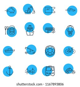 Vector illustration of 16 transport icons line style. Editable set of train ticket, bike, cargo ship and other icon elements.
