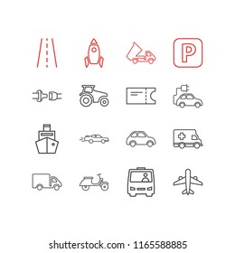 Vector illustration of 16 transportation icons line style. Editable set of cargo ship, road, space vehicle and other icon elements.