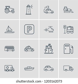 Vector illustration of 16 transportation icons line style. Editable set of eco car, cruise ship, bus station and other icon elements.
