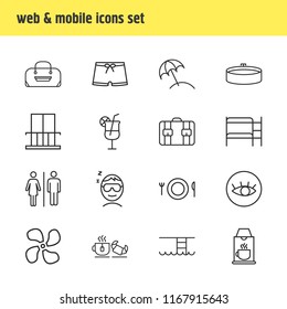 Vector Illustration Of 16 Travel Icons Line Style. Editable Set Of Balcony, Men Swimwear, Coffee Machine And Other Icon Elements.