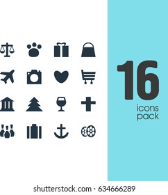 Vector Illustration Of 16 Travel Icons. Editable Pack Of Pet Shop, Jungle, Scales And Other Elements.