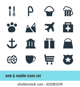 Vector Illustration Of 16 Travel Icons. Editable Pack Of Film, Pet Shop, Cop And Other Elements.