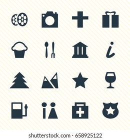 Vector Illustration Of 16 Travel Icons. Editable Pack Of University, Jungle, Cafe And Other Elements.