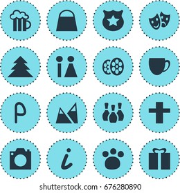 Vector Illustration Of 16 Travel Icons. Editable Pack Of Coffee Shop, Car Park, Masks And Other Elements.