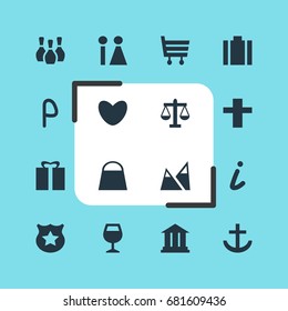 Vector Illustration Of 16 Travel Icons. Editable Pack Of University, Skittles, Landscape Elements.