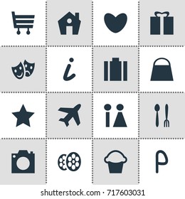 Vector Illustration Of 16 Travel Icons. Editable Pack Of Shopping Cart, Film, Car Park And Other Elements.
