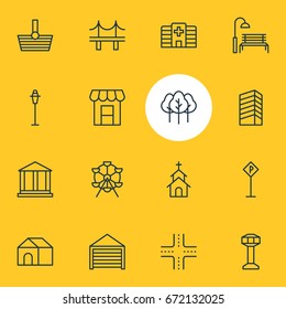 Vector Illustration Of 16 Urban Icons. Editable Pack Of Road Sign, Bench, Lamppost And Other Elements.