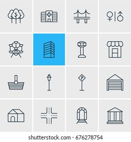 Vector Illustration Of 16 Urban Icons. Editable Pack Of Basket, Skyscraper, Home And Other Elements.