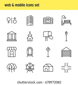 Vector Illustration Of 16 Urban Icons. Editable Pack Of Lamppost, Awning, Building And Other Elements.
